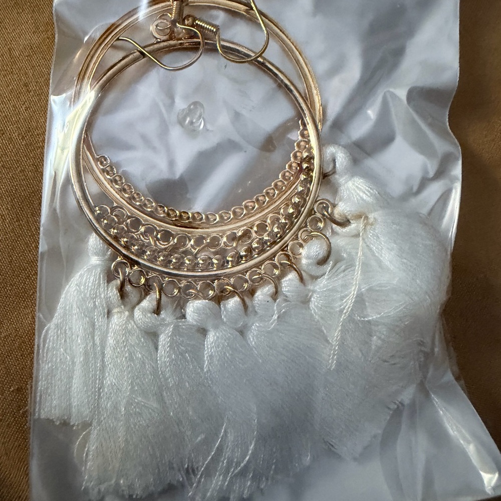 Gold Hoop Earrings with White Tassels - Women Jewelry